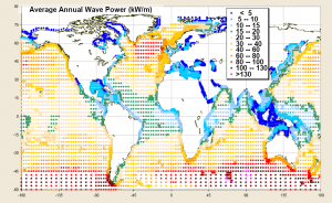 Карта среднегодовой мощности волн мирового океана